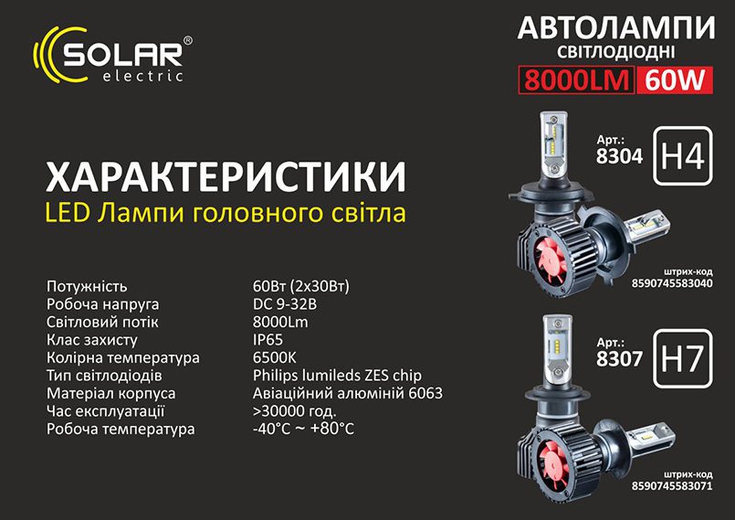 LED автолампа SOLAR H4 12/24V 6000K 8000Lm 60W  ZES