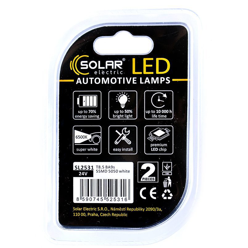 LED автолампа SOLAR 24V T8.5 BA9s 5SMD white, 2шт