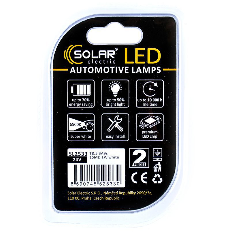 LED автолампа SOLAR 24V T8.5 BA9s 1SMD white, 2шт