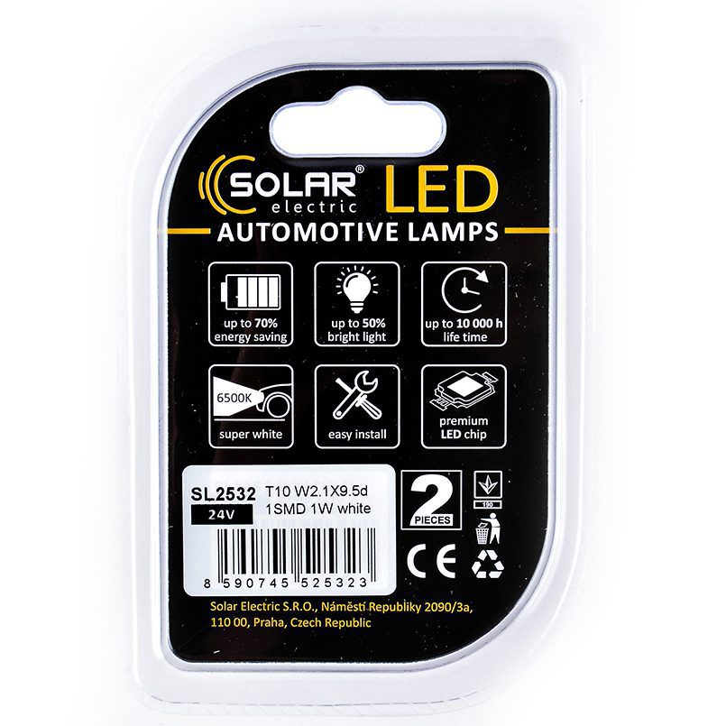 LED автолампа SOLAR 24V T10 W2.1x9.5d 1SMD white, 2шт