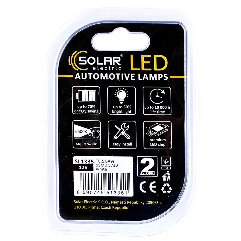 LED автолампа SOLAR 12V T8.5 BA9s 9SMD white, 2шт