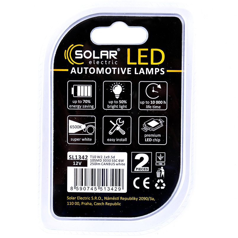 LED автолампа SOLAR 12V T10 W2.1x9.5d 10SMD white, 2шт
