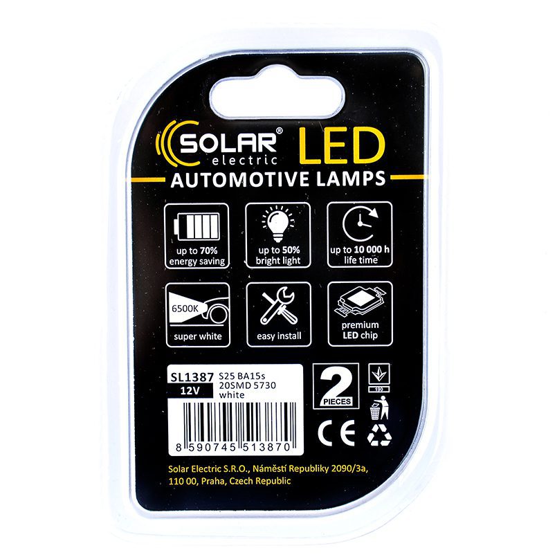 LED автолампа SOLAR 12V S25 BA15s 20SMD white, 2шт