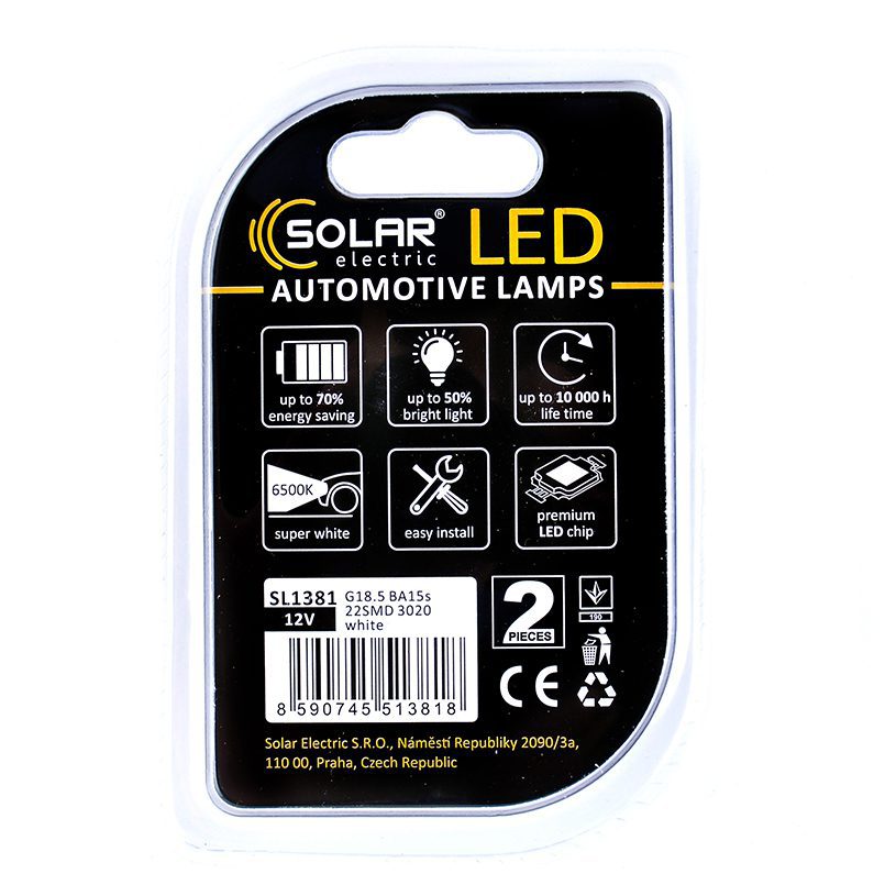 LED автолампа SOLAR 12V G18.5 BA15s 22SMD white, 2шт
