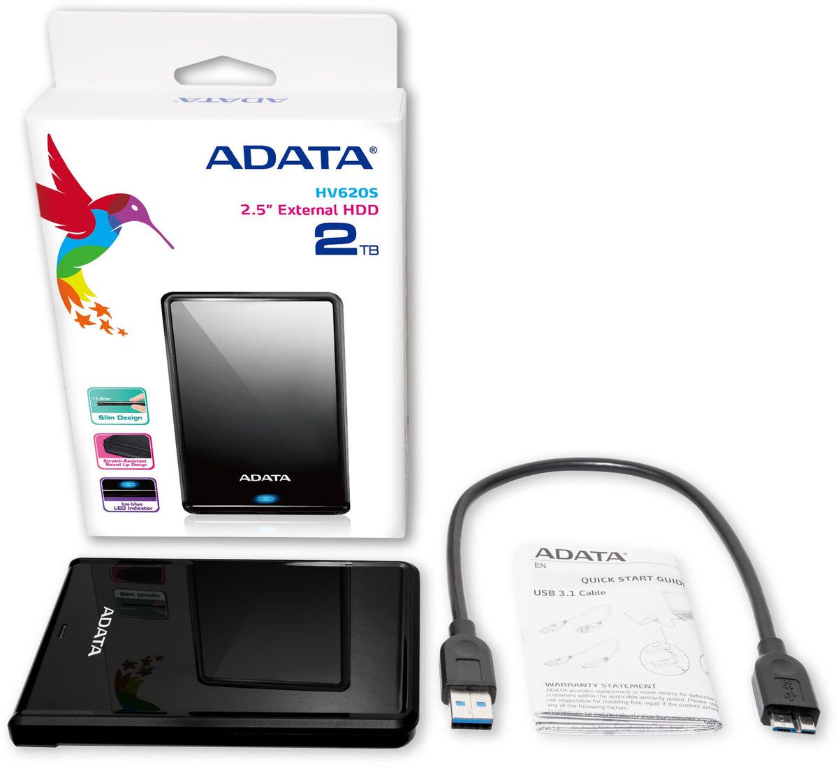 PHD External 2.5'' ADATA USB 3.2 Gen. 1 DashDrive Classic HV620S 2TB Slim Black
