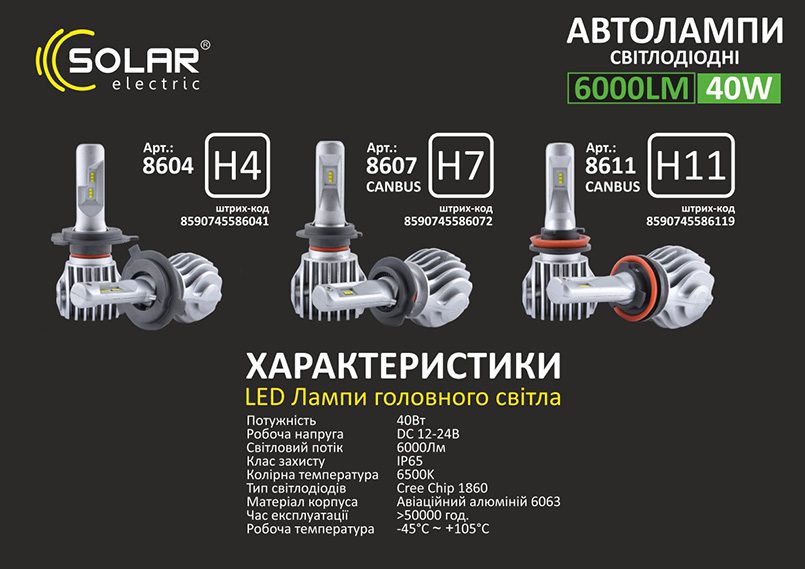 LED автолампа SOLAR H11 12/24V 6500K 6000Lm 50W Cree Chip
