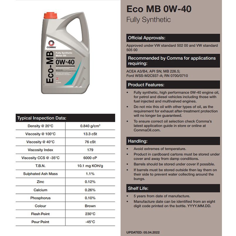 Моторне мастило Comma ECO-MB 0W-40 5л