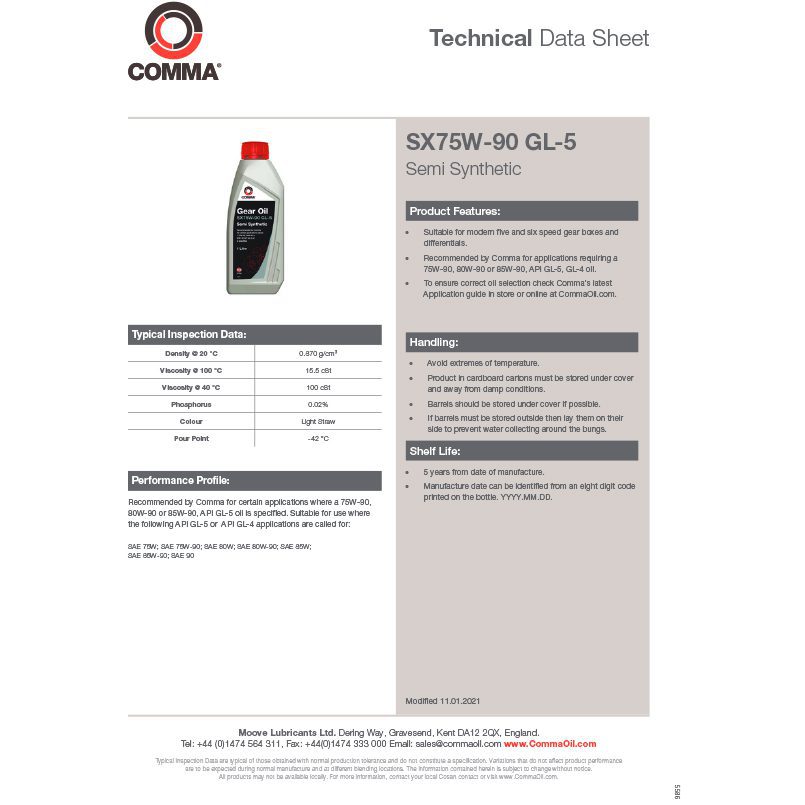 Трансмісійне мастило Comma SX75W90 GEAR OIL GL5 5л