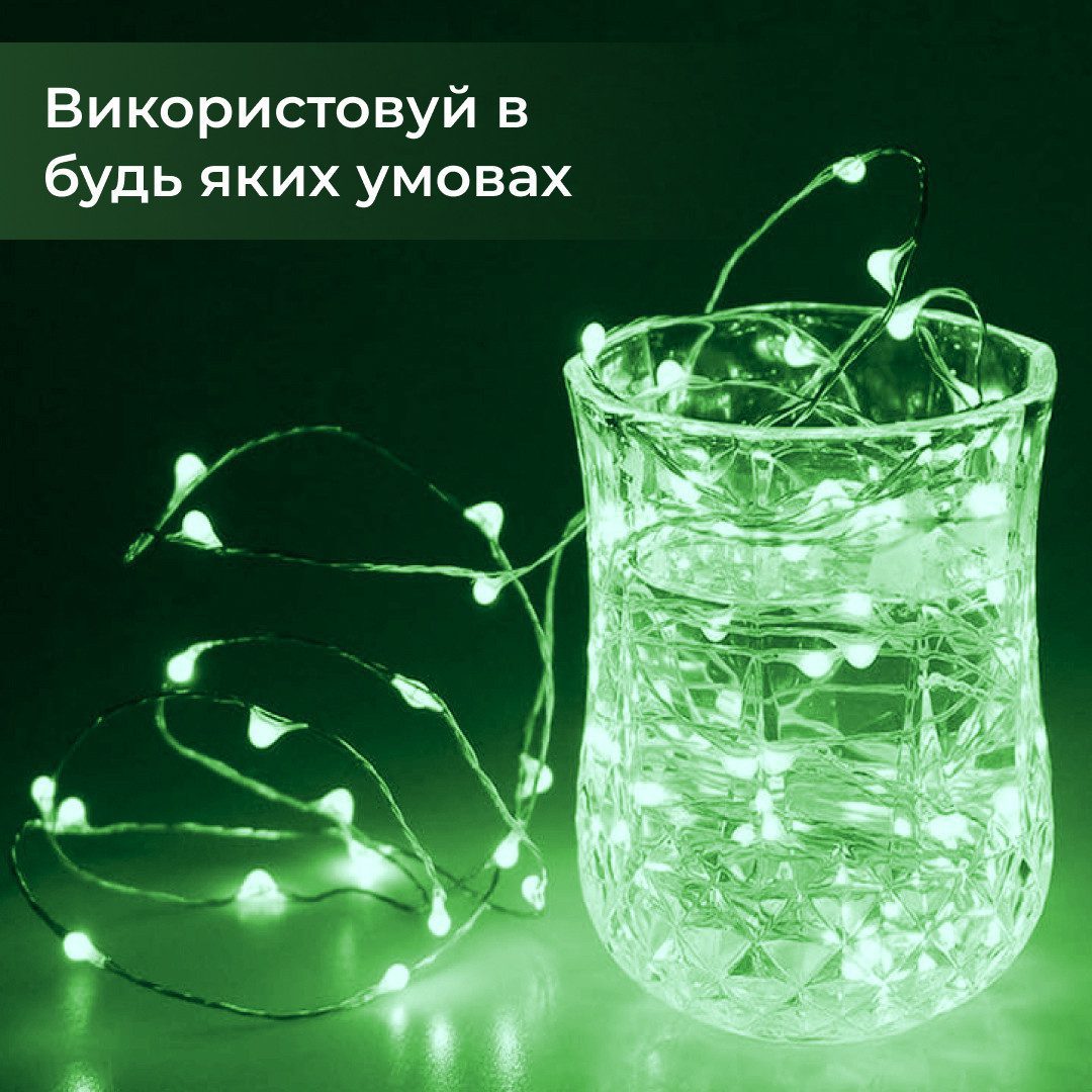 Гірлянда світлодіодна на батарейках GarlandoPro 50LED 5м мідний провід гірлянди роса Зелений