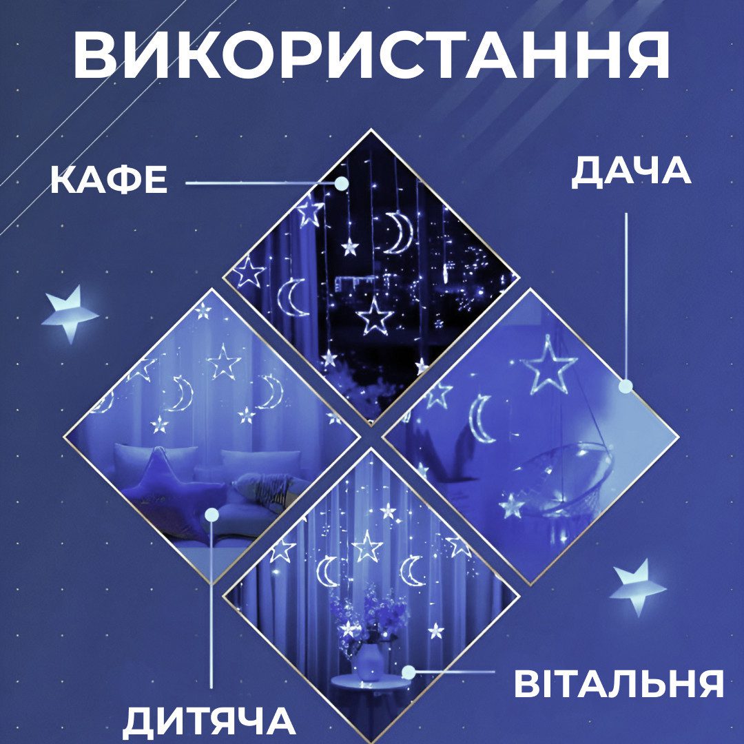 Гірлянда світлодіодна штора GarlandoPro зірка і місяць 108LED 3х0,9 м гірлянда зірка Білий