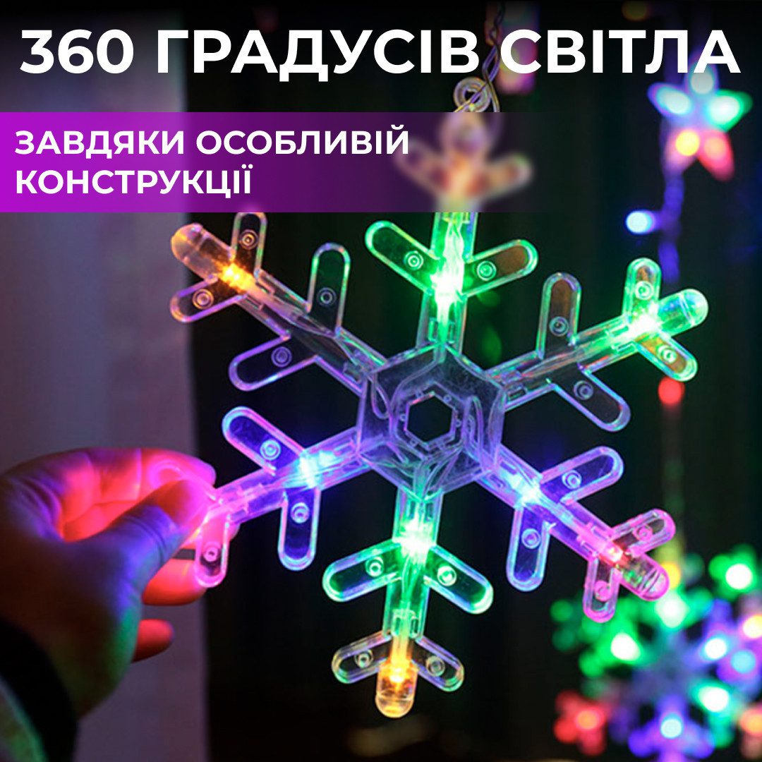 Гірлянда світлодіодна штора GarlandoPro сніжинка і зірка 12 фігур ED 3х1м гірлянда зірка