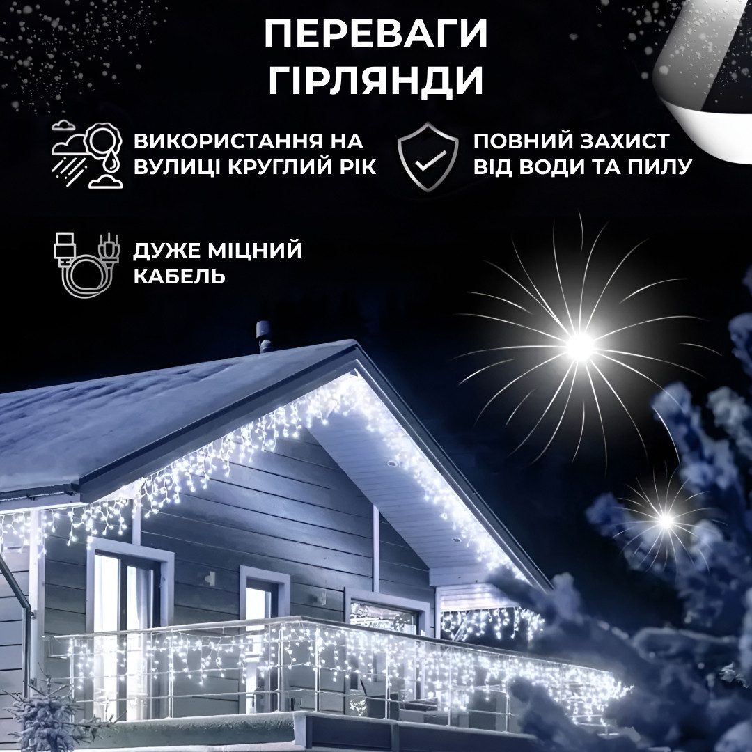 Гірлянда вулична світлодіодна 200 LED 12 метрів білий дріт бахрома 55 ниток