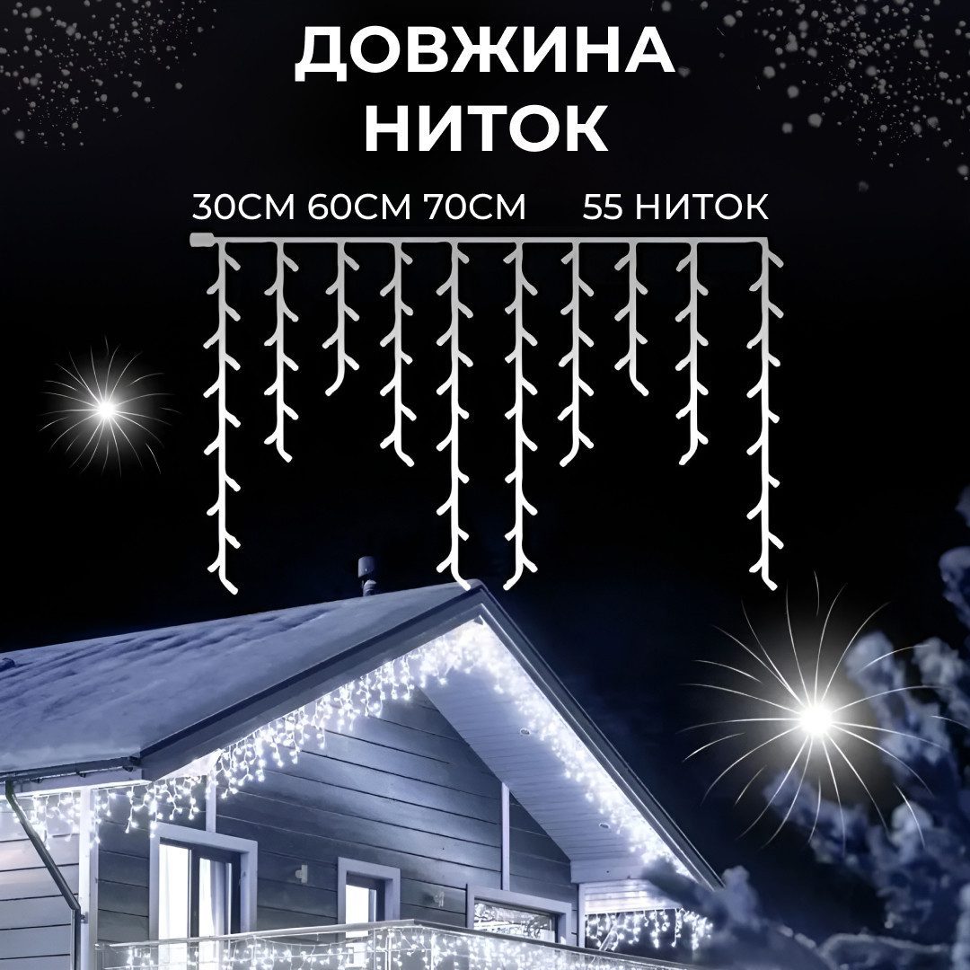 Гірлянда вулична світлодіодна 200 LED 12 метрів білий дріт бахрома 55 ниток