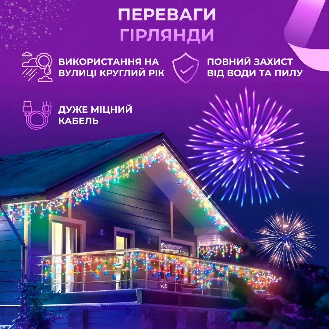Гірлянда вулична світлодіодна 280 LED 20 метрів білий дріт бахрома 88 ниток Мультиколор