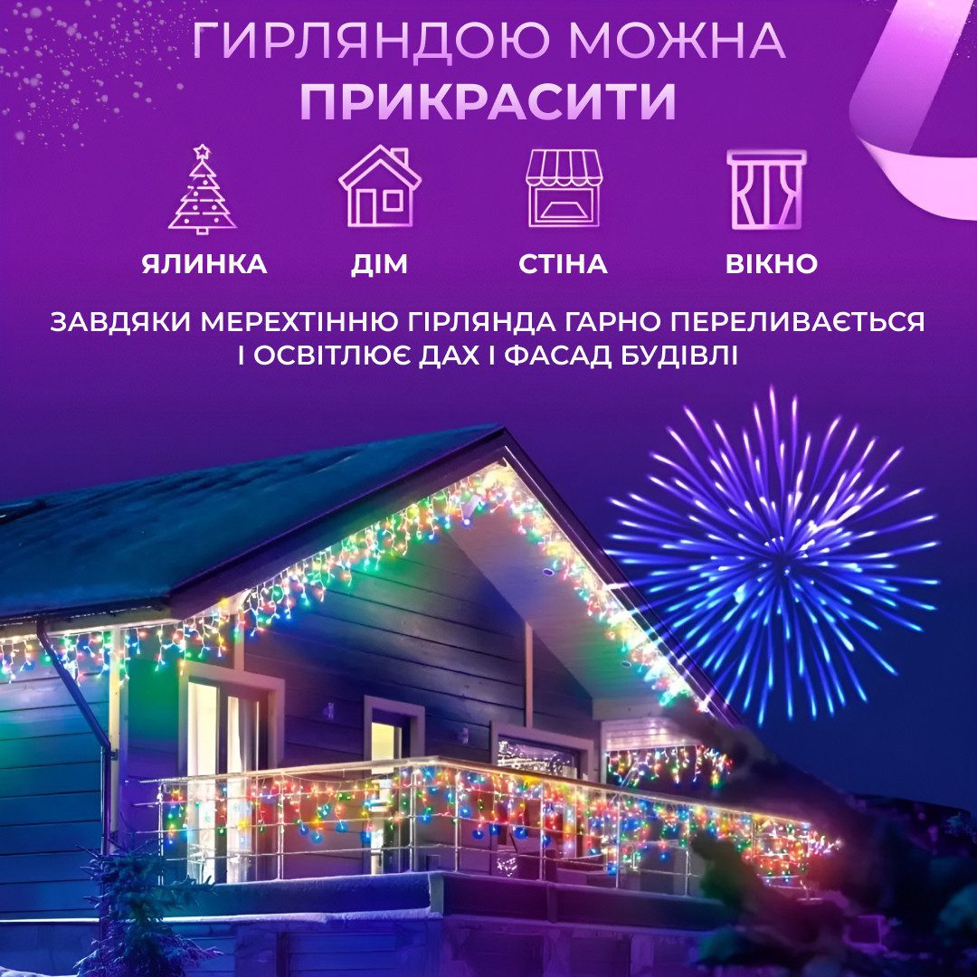 Гірлянда вулична світлодіодна 120 LED 6 метрів білий дріт бахрома 27 ниток Мультиколор