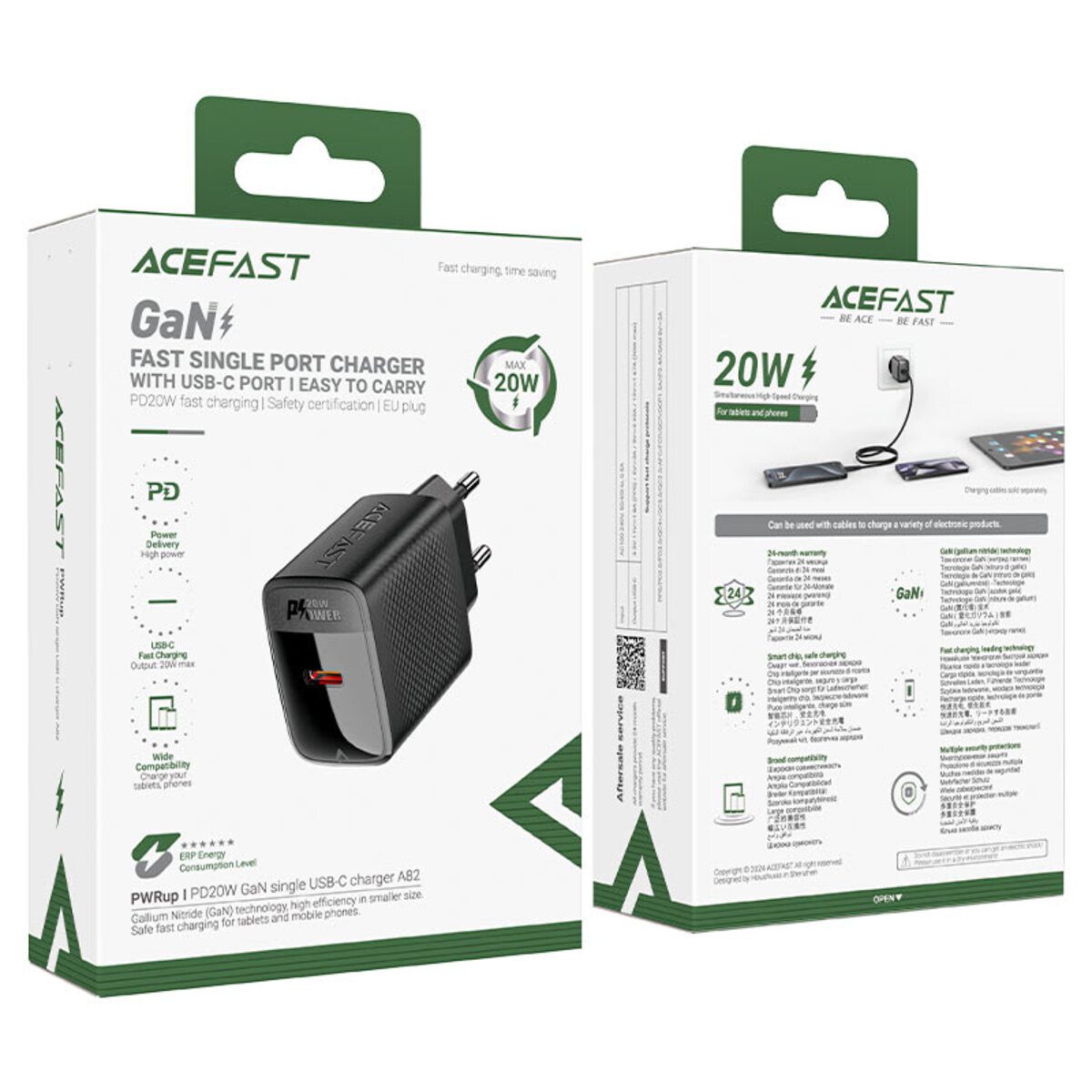 Мережевий зарядний пристрій ACEFAST A82 PD20W GaN single USB-C charger set (P5) (EU) Black