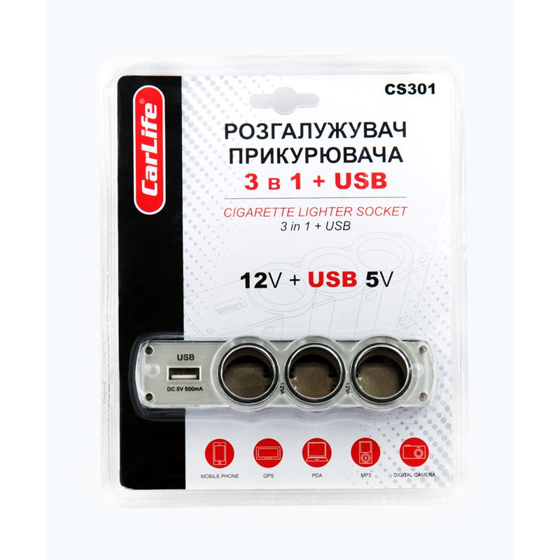 Розгалужувач прикурювача 3в1 + USB CarLife CS301