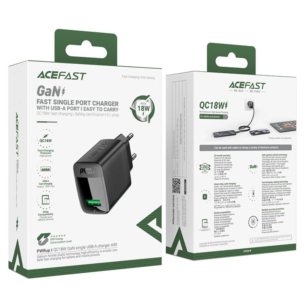 Мережевий зарядний пристрій ACEFAST A90 QC18W GaN single USB-A charger set (P3) (EU) Black