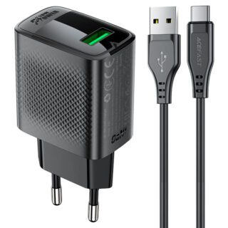 Мережевий зарядний пристрій ACEFAST A90 QC18W GaN single USB-A charger set (P3) (EU) Black