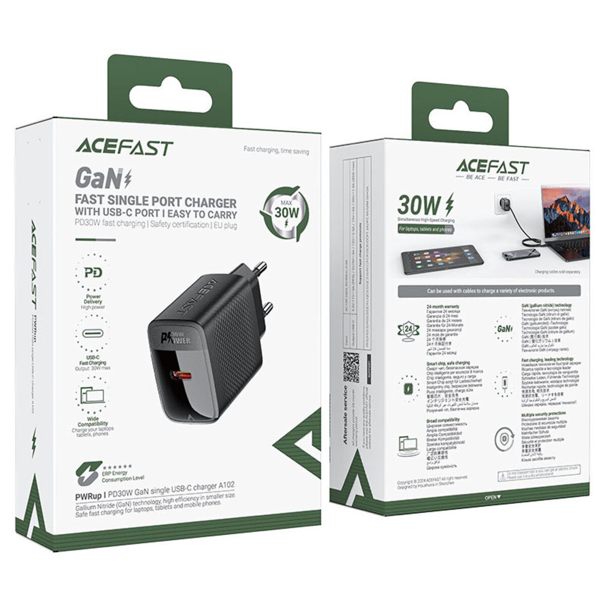 Мережевий зарядний пристрій ACEFAST A102 PD30W GaN single USB-C charger (EU) Black