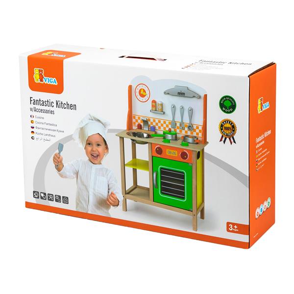 Дитяча кухня Viga Toys з дерева з посудом
