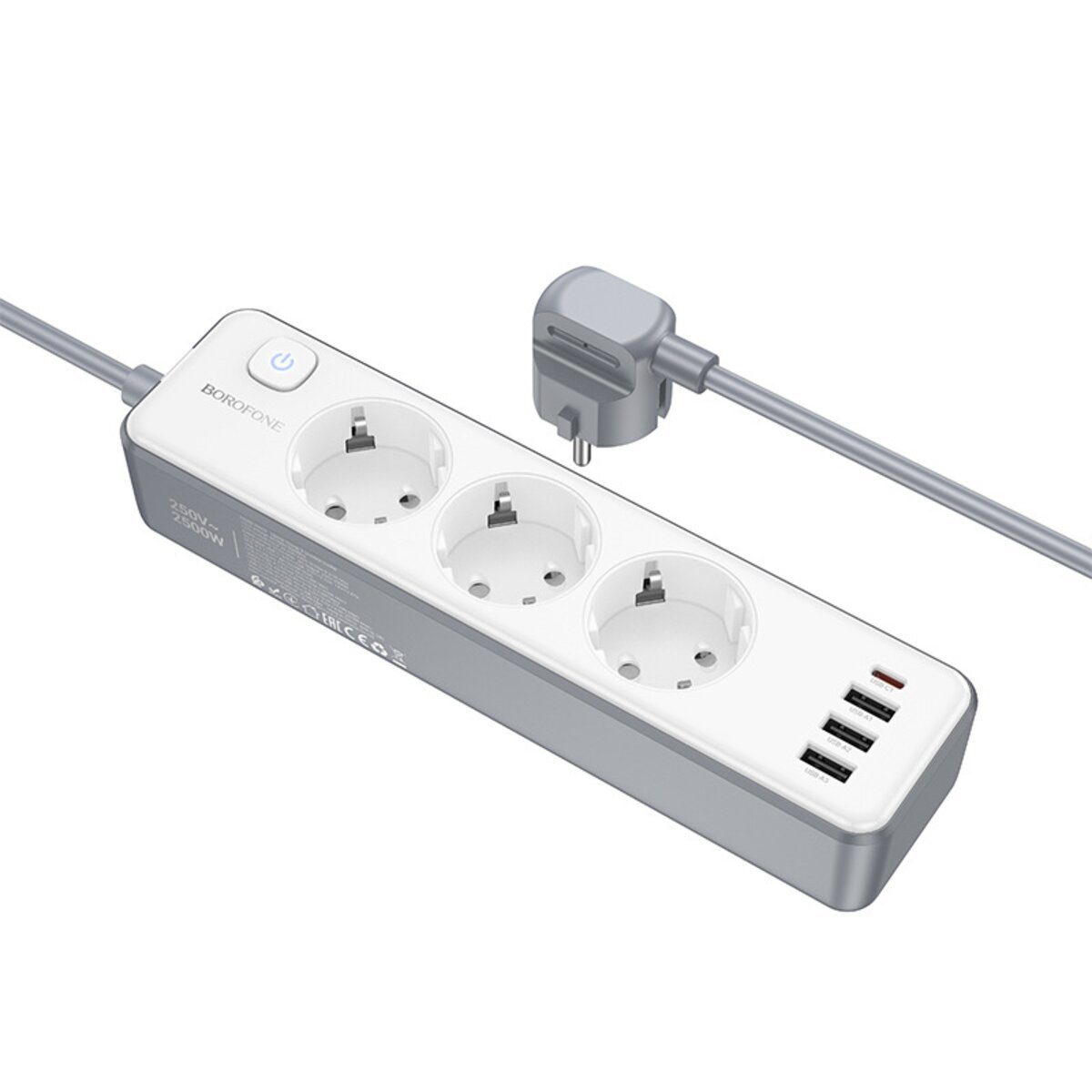 Мережевий подовжувач BOROFONE BAC9 Power 3-position socket(PD20W/1C3A)(EU/GER)(L=3M) White