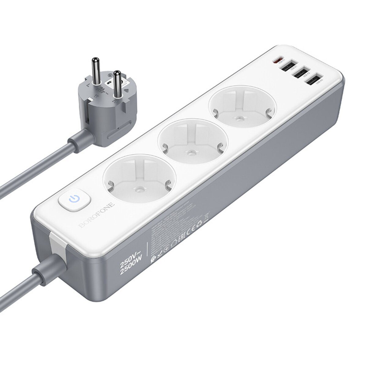 Мережевий подовжувач BOROFONE BAC9 Power 3-position socket(PD20W/1C3A)(EU/GER)(L=3M) White