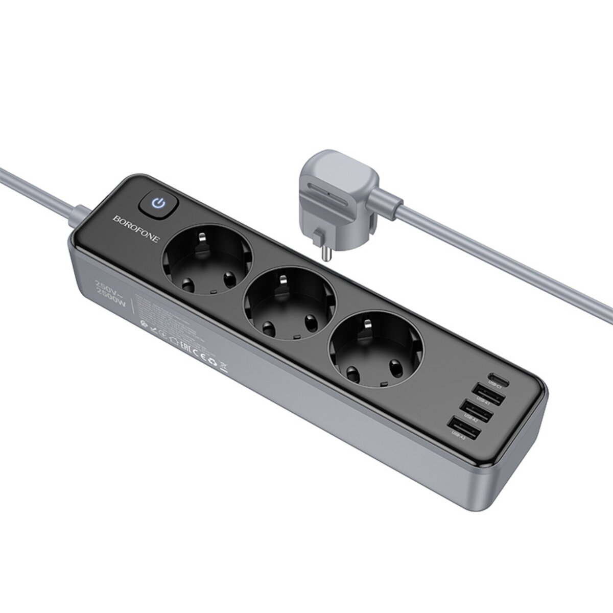 Мережевий подовжувач BOROFONE BAC8 Power 3-position socket(1C3A)(EU/GER)(L=3M) Black