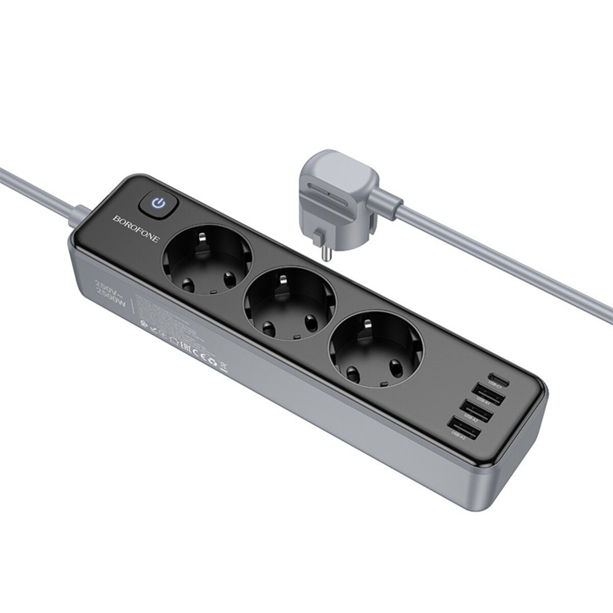 Мережевий подовжувач BOROFONE BAC8 Power 3-position socket(1C3A)(EU/GER)(L=2M) Black