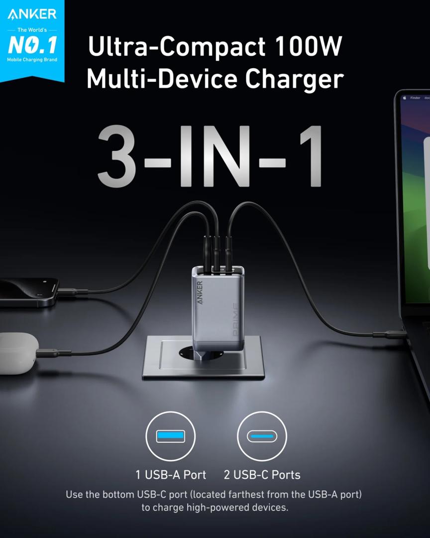 Мережевий зарядний пристрій Anker GaNPrime Charger - 100W, 2xUSB-C PD & 1xUSB-A Foldable Silver