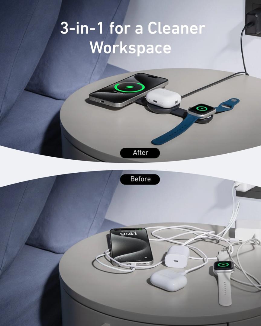 Бездротовий зарядний пристрій Anker MagGo Wireless Charging Pad 15W 3-in-1 Foldable Black