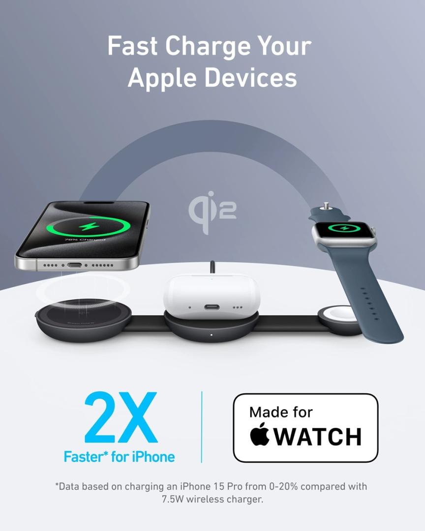 Бездротовий зарядний пристрій Anker MagGo Wireless Charging Pad 15W 3-in-1 Foldable Black